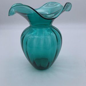 Vintage Hand Blown Ribbed glass. Teal Blue Sack Vase